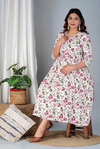 Jikonet White Kurta Maternity Dress with Hidden Zip & Overlapping Flaps for Easy Feeding, 100cm (39.37in) Length | Anarkali Style thumbnail 8
