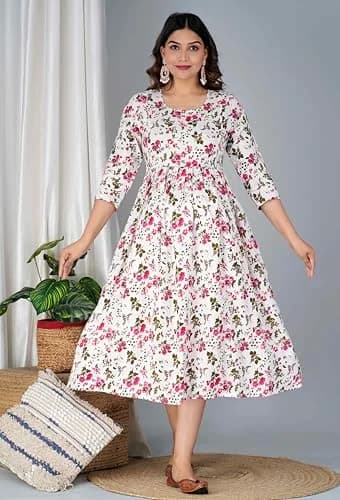 Jikonet White Kurta Maternity Dress with Hidden Zip & Overlapping Flaps for Easy Feeding, 100cm (39.37in) Length | Anarkali Style thumbnail 3