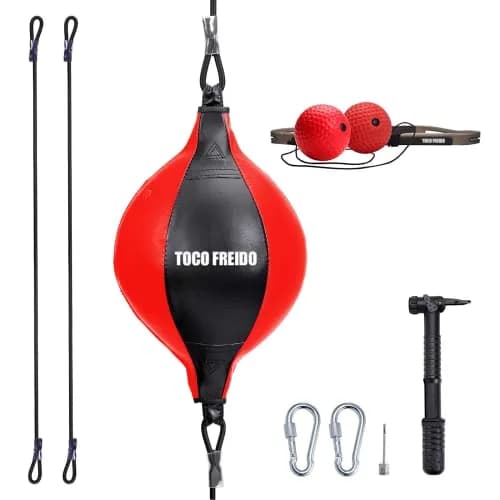 TOCO FREIDO Double End Punching Bag Kit with Reflex Ball & Pump, 4 inch (10 cm) Red PU Leather | For Boxing, MMA, Home Gym Training thumbnail 1