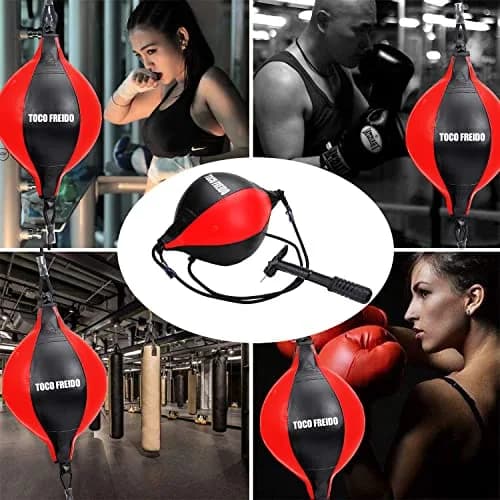 TOCO FREIDO Double End Punching Bag Kit with Reflex Ball & Pump, 4 inch (10 cm) Red PU Leather | For Boxing, MMA, Home Gym Training thumbnail 6