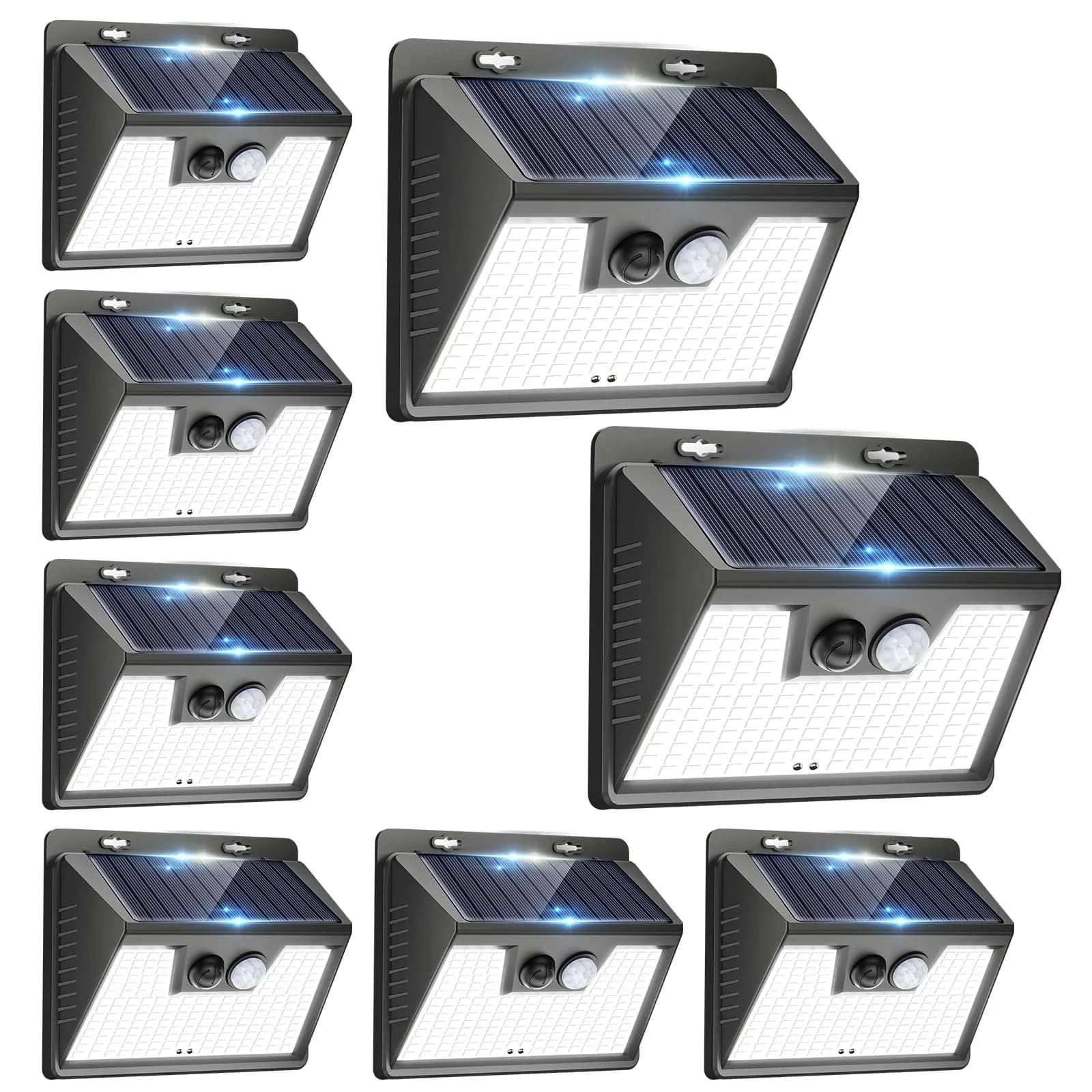 Peasur Solar Powered Wall Lights 8 Pack | 140 LED Motion Sensor Waterproof Security Lights — Black Frame