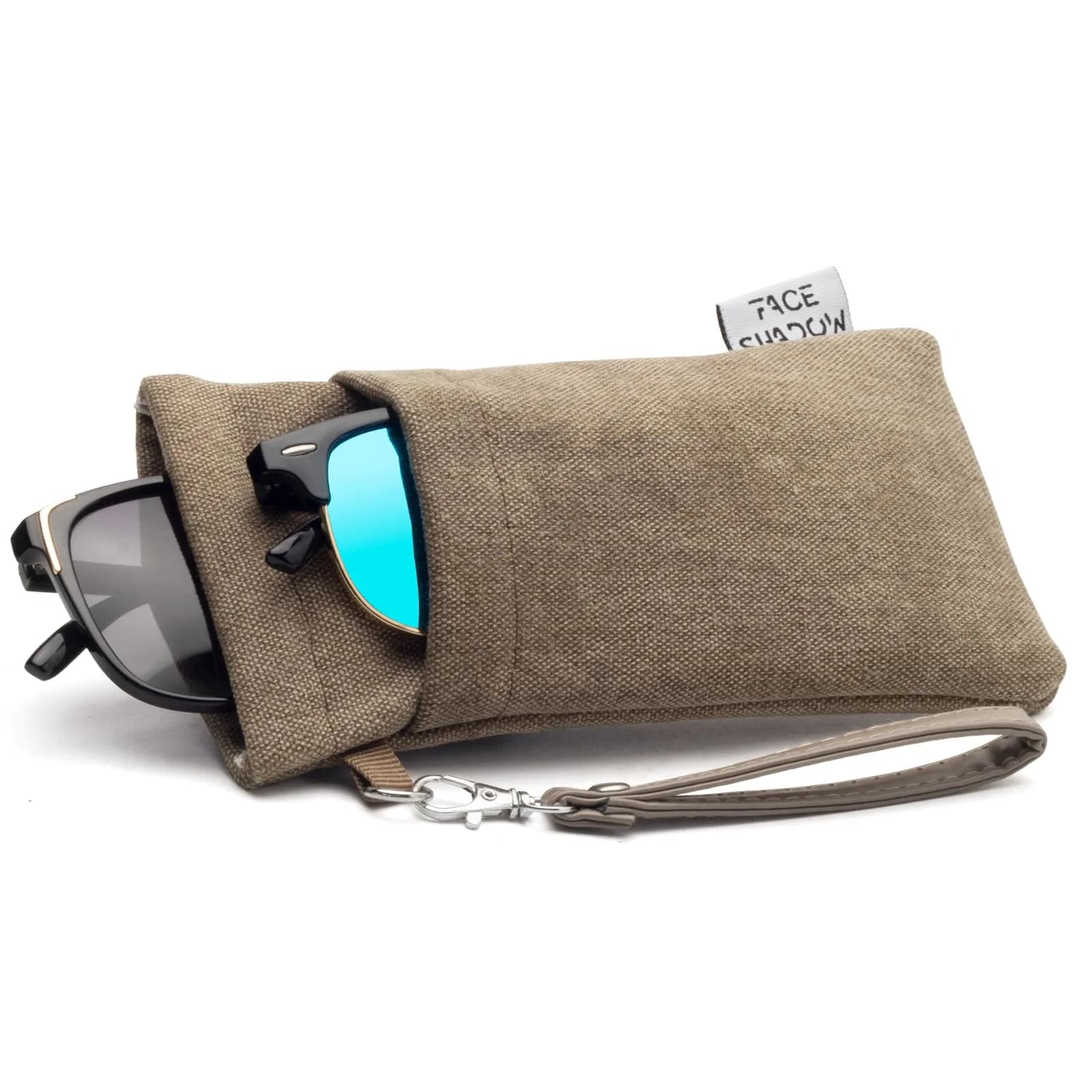Face Shadow Canvas Brown Large Double Eyeglass Pouch with Squeeze Top - main product image