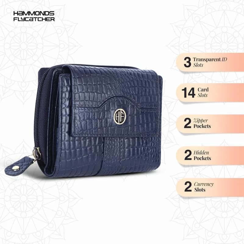 HAMMONDS FLYCATCHER Leather Ladies Wallet with 14 Card Slots & RFID Blocking | Croc Blue, 12.5 cm x 10 cm x 3 cm - view 2