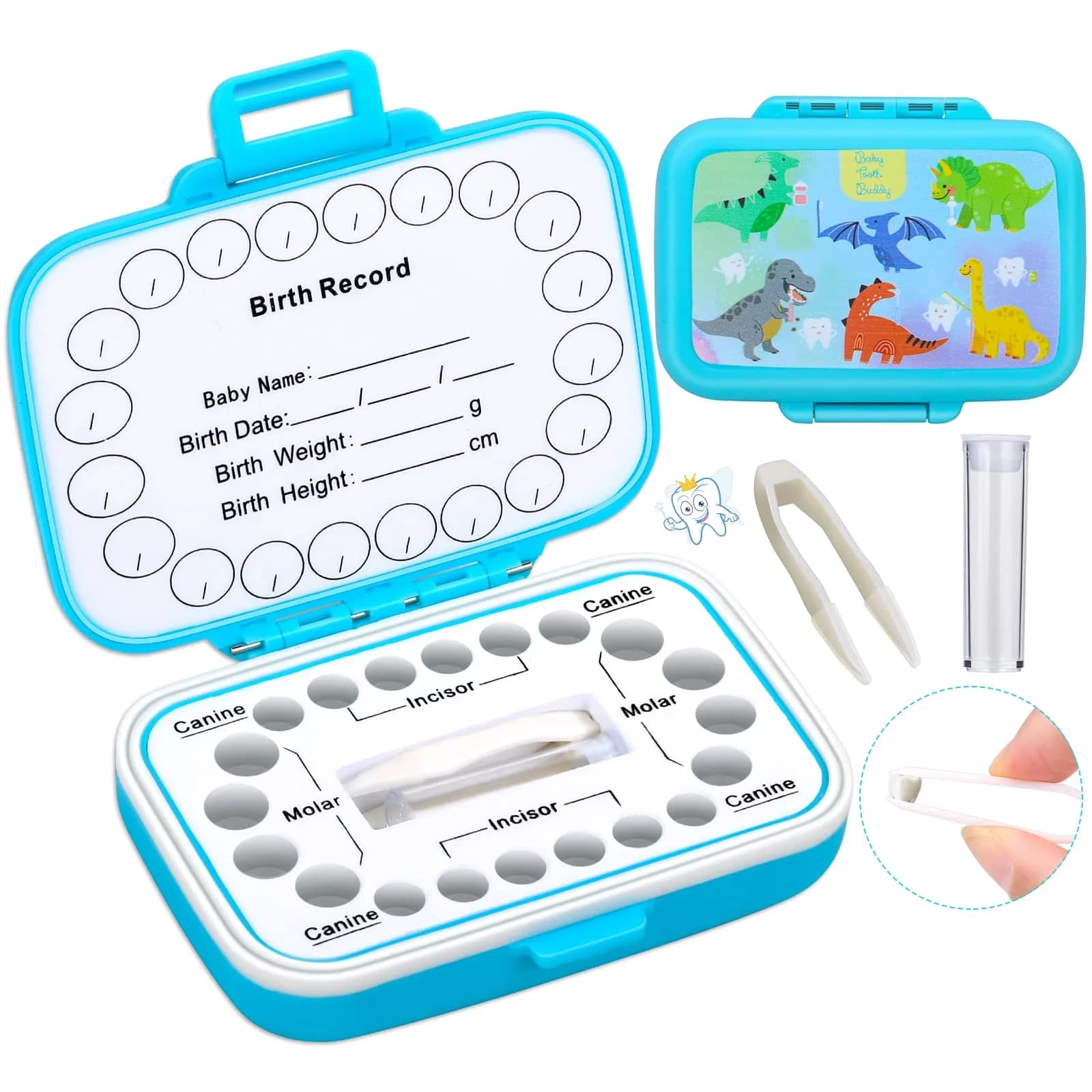 Caffox Tooth Keepsake Box for Kids | Baby Teeth Storage & First Tooth Container — Blue Dinosaur