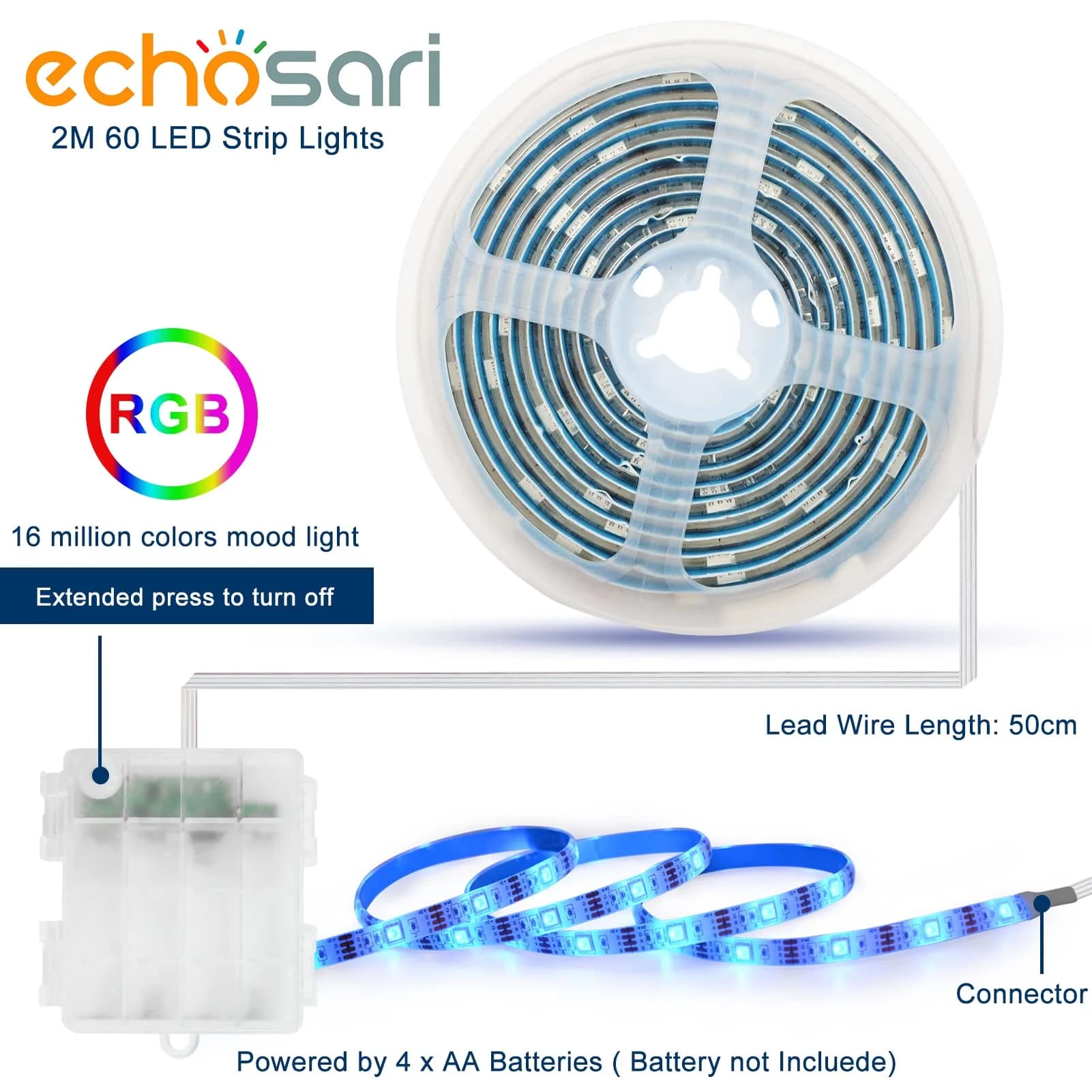 echosari Battery Powered RGB LED Strip Lights 2m (6.6ft) | Color Changing TV Backlights with Remote & Timer - view 7