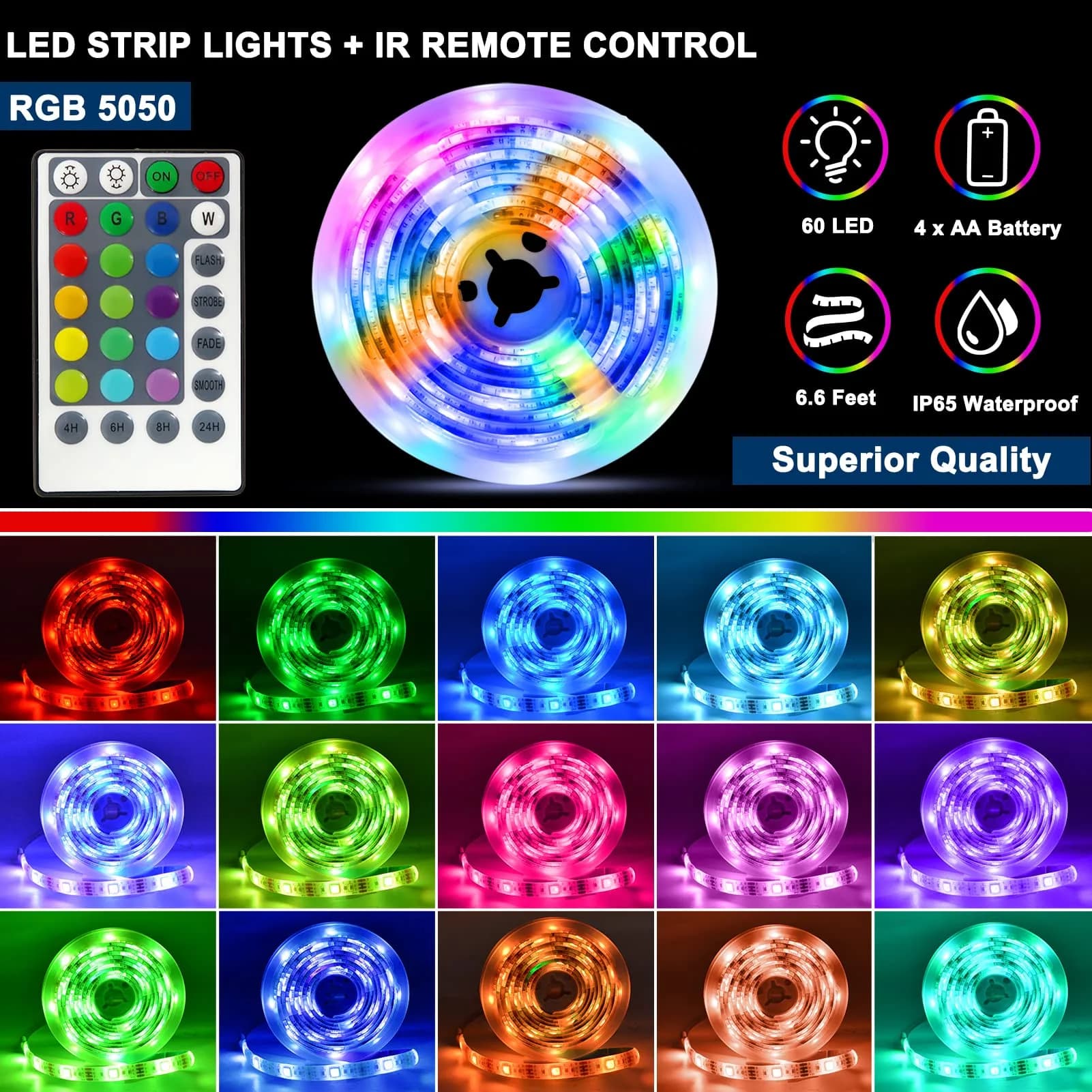 echosari RGB LED Strip Lights 6.6Ft with Remote, Color Changing, Dimmable, Timer, Self-Adhesive - view 3