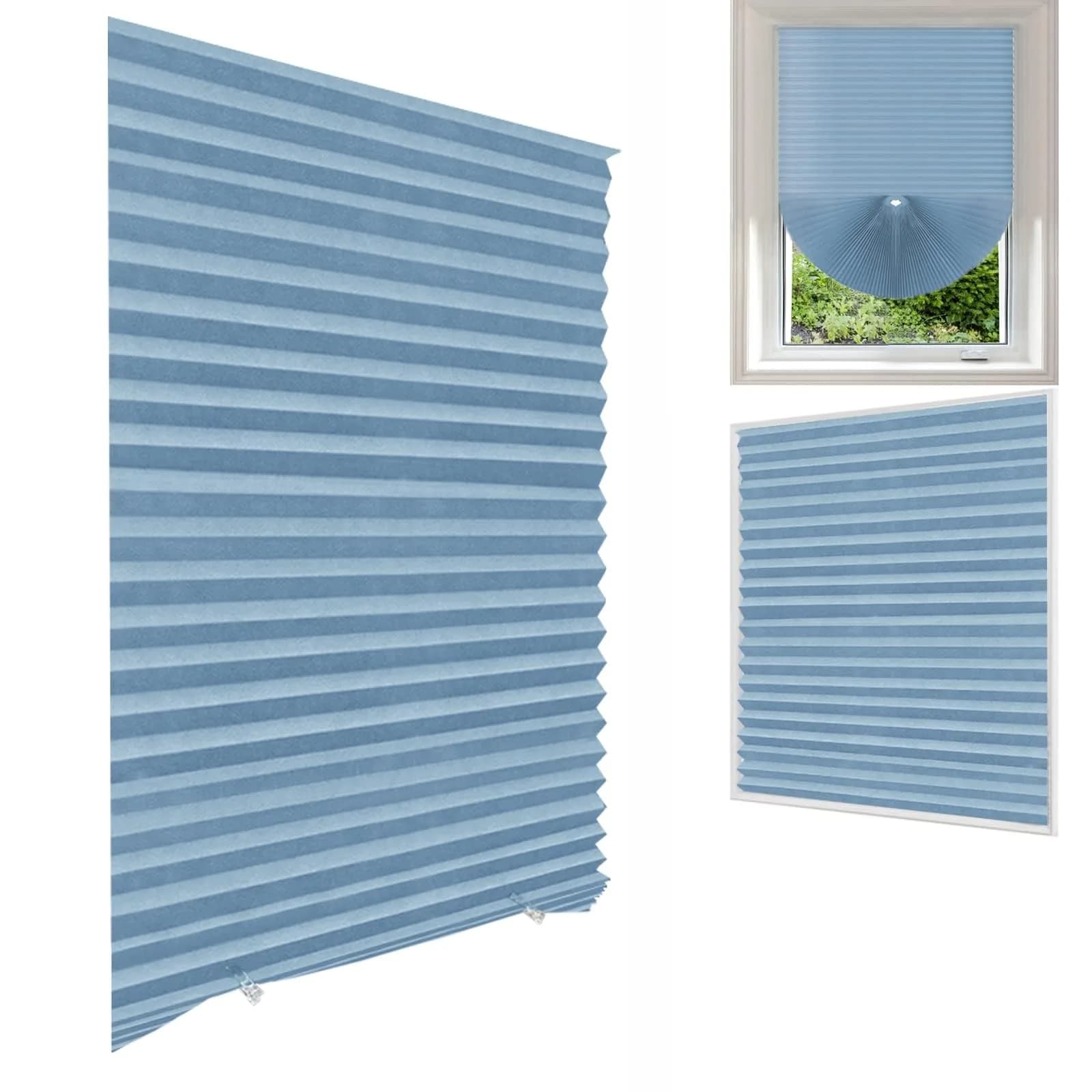 Jlong Cordless Pleated Paper Shades 35.4"W x 59"H | No-Drill Temporary Window Coverings — Blue-semi Shading