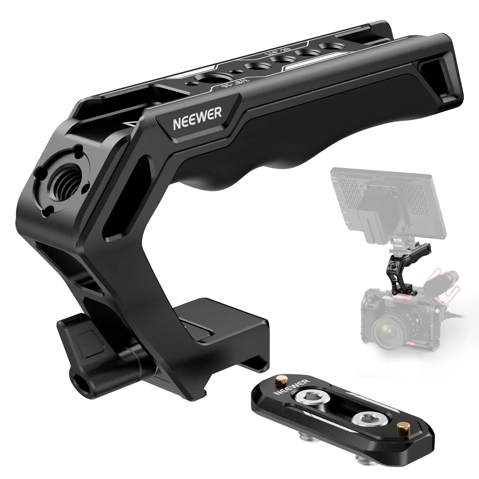 NEEWER Top Handle and NATO Rail Kit, Comfort Silicone Grip with Quick Release NATO Clamp, 3 Cold Shoes and 1/4" 3/8" ARRI Threads, CA008 | Compatible with SmallRig Camera Cage — CA008