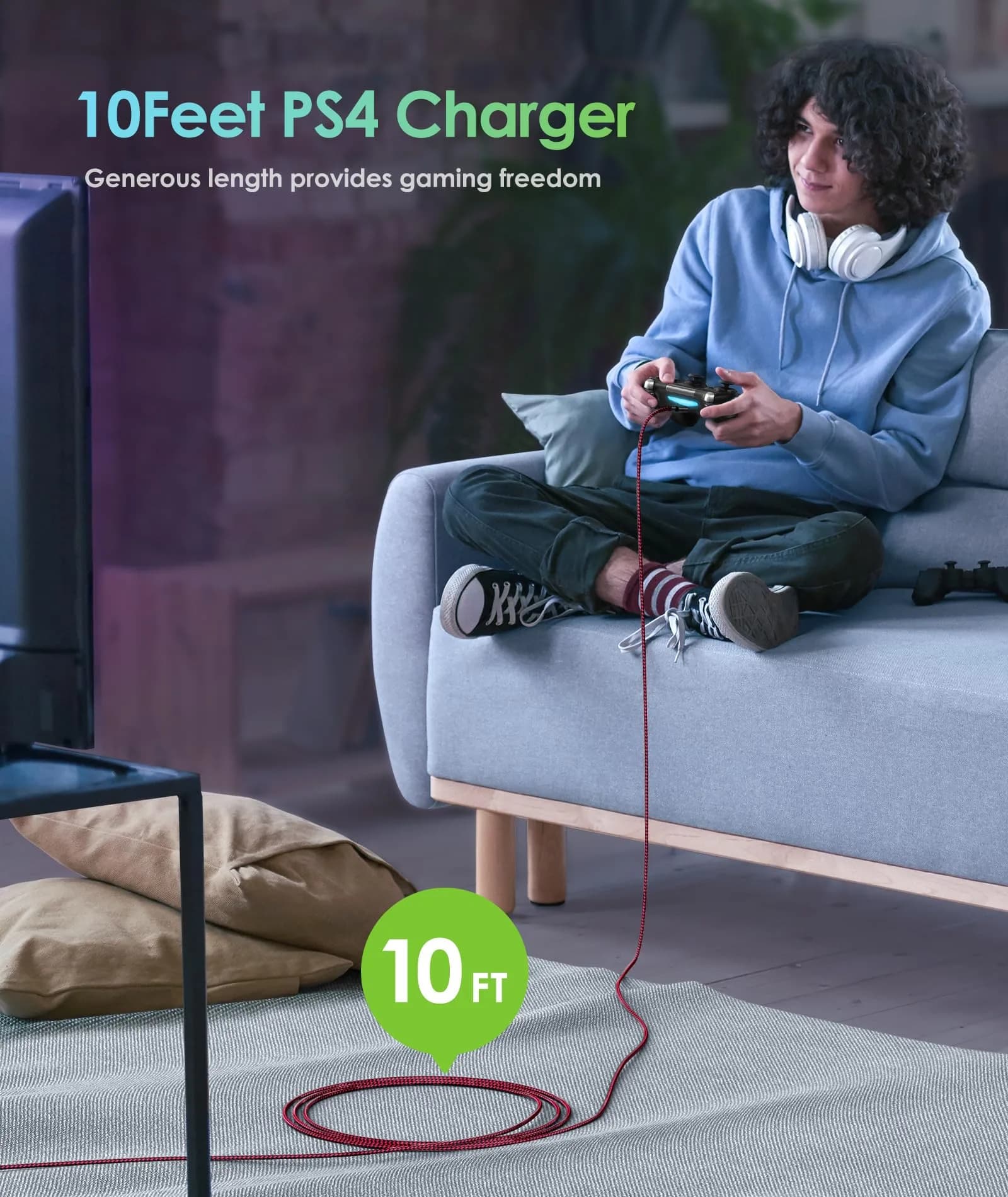6amLifestyle Red 2 Pack 10ft USB to Micro USB Charging Cable | Braided Nylon Cord for PS4 Controllers - view 2