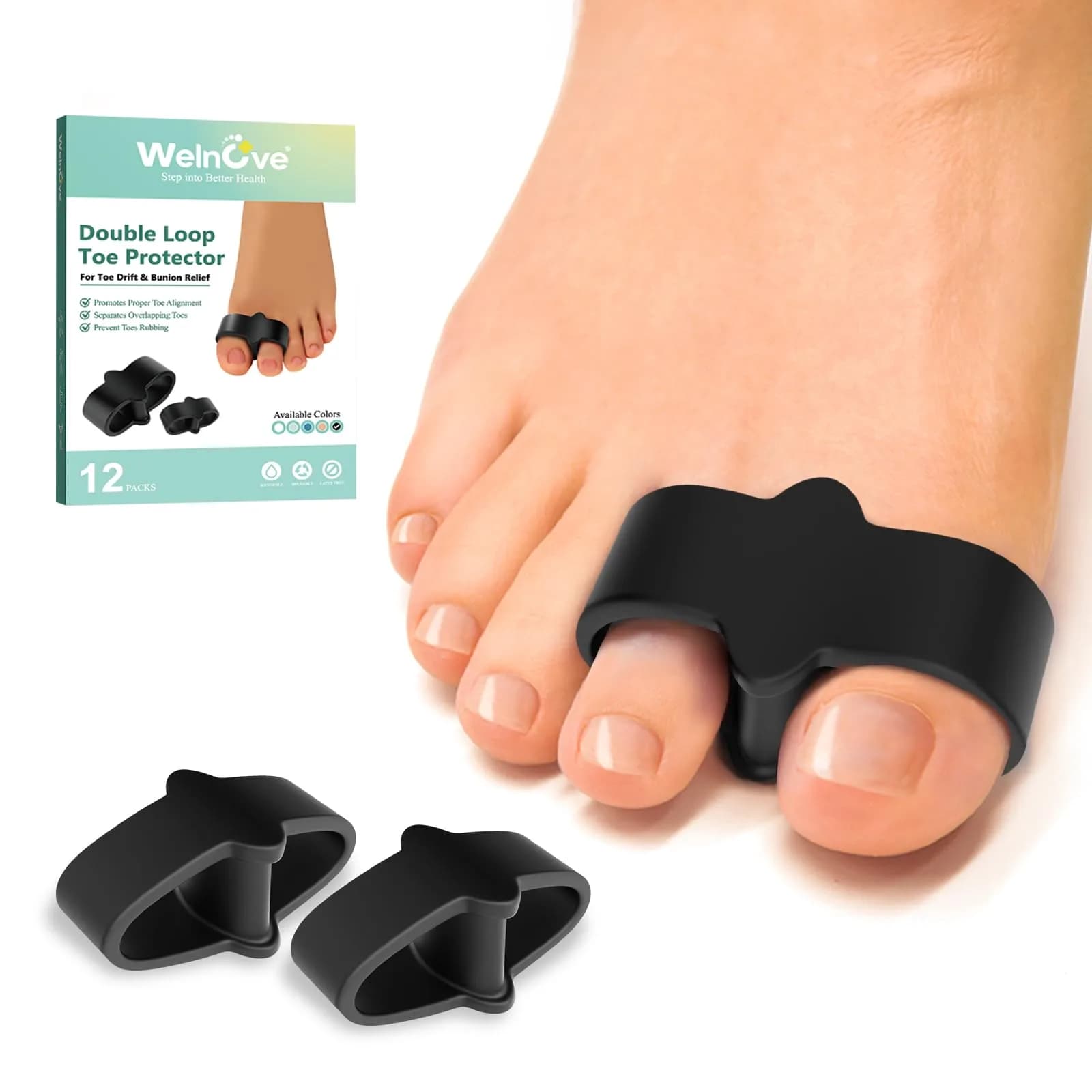 Welnove Pack of 12 Bunion Corrector Toe Separators with 2 Loops for Overlap Toe, Black | Soft Gel Toe Spacers for Pain Relief