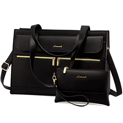 LOVEVOOK Laptop Tote Bag for Women - 15.6 Inch Professional PU Leather Briefcase | Waterproof, Large Capacity, Crossbody Purse - Black thumbnail 1