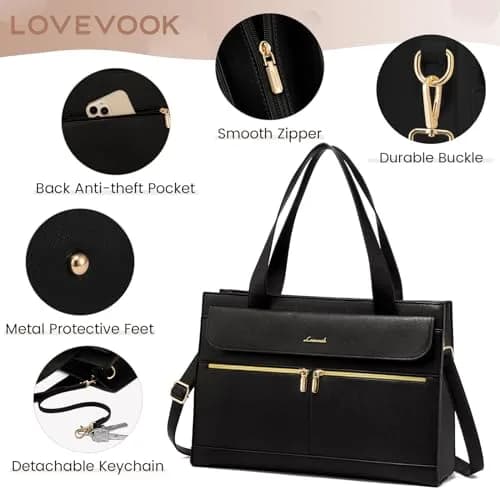 LOVEVOOK Laptop Tote Bag for Women - 15.6 Inch Professional PU Leather Briefcase | Waterproof, Large Capacity, Crossbody Purse - Black thumbnail 4