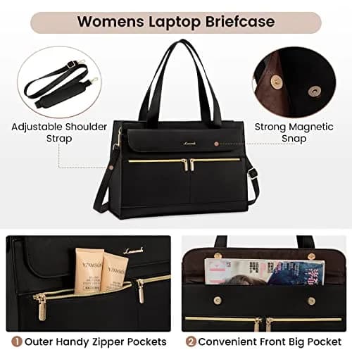LOVEVOOK Laptop Tote Bag for Women - 15.6 Inch Professional PU Leather Briefcase | Waterproof, Large Capacity, Crossbody Purse - Black thumbnail 5