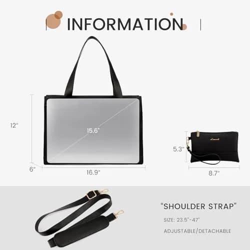 LOVEVOOK Laptop Tote Bag for Women - 15.6 Inch Professional PU Leather Briefcase | Waterproof, Large Capacity, Crossbody Purse - Black thumbnail 7