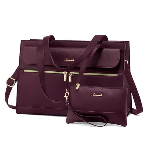 LOVEVOOK Laptop Tote Bag for Women - 15.6 Inch Professional Leather Computer Briefcase, Waterproof Shoulder Bag, Large Capacity Business Teacher Office Bag, Crossbody Purse - Fuchsia thumbnail 1