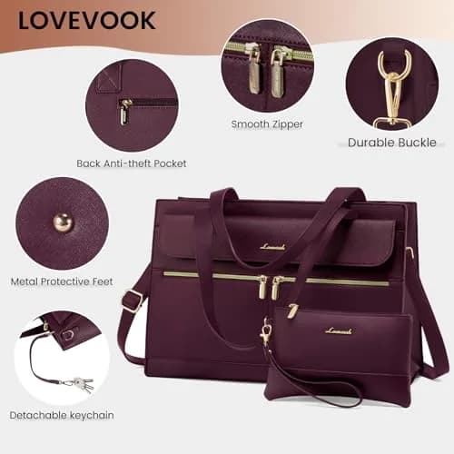 LOVEVOOK Laptop Tote Bag for Women - 15.6 Inch Professional Leather Computer Briefcase, Waterproof Shoulder Bag, Large Capacity Business Teacher Office Bag, Crossbody Purse - Fuchsia thumbnail 4