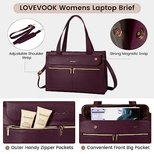 LOVEVOOK Laptop Tote Bag for Women - 15.6 Inch Professional Leather Computer Briefcase, Waterproof Shoulder Bag, Large Capacity Business Teacher Office Bag, Crossbody Purse - Fuchsia thumbnail 5
