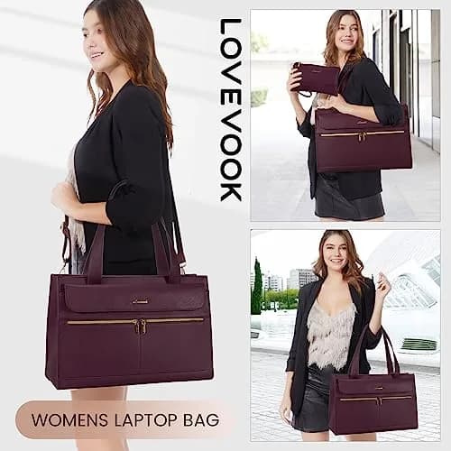 LOVEVOOK Laptop Tote Bag for Women - 15.6 Inch Professional Leather Computer Briefcase, Waterproof Shoulder Bag, Large Capacity Business Teacher Office Bag, Crossbody Purse - Fuchsia thumbnail 2