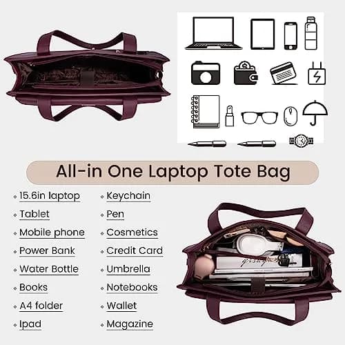 LOVEVOOK Laptop Tote Bag for Women - 15.6 Inch Professional Leather Computer Briefcase, Waterproof Shoulder Bag, Large Capacity Business Teacher Office Bag, Crossbody Purse - Fuchsia thumbnail 3