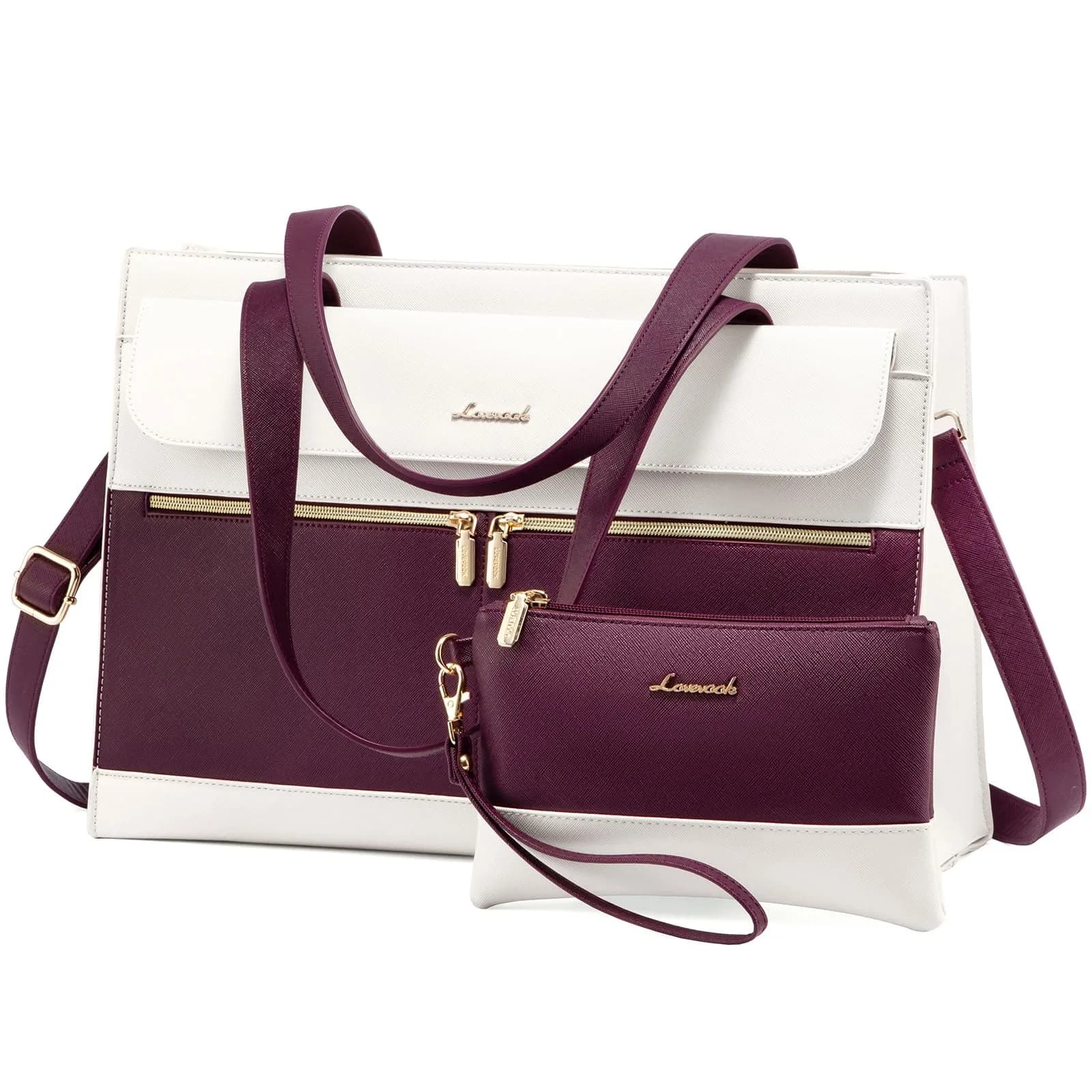 LOVEVOOK Laptop Tote Bag for Women 15.6 Inch | Professional Leather Computer Briefcase with Clutch — Purple/Beige-1
