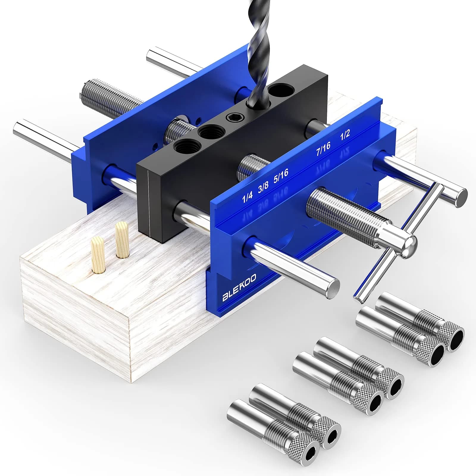 blekoo Upgraded 6.7 inch Self Centering Doweling Jig Kit with 6 Drill Guide Bushings | Precise Woodworking Tool for Panel Furniture — Blue