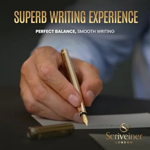 Scriveiner Luxury Fountain Pen - Gold Finish, Schmidt Gilded Nib, Converter, Gift Set (Medium) | Elegant Writing Instrument thumbnail 4