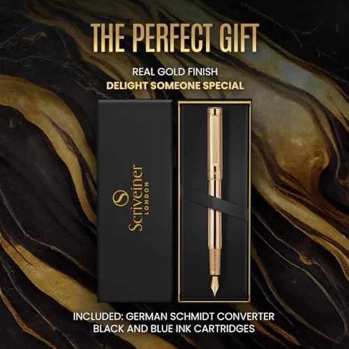 Scriveiner Luxury Fountain Pen - Gold Finish, Schmidt Gilded Nib, Converter, Gift Set (Medium) | Elegant Writing Instrument thumbnail 3