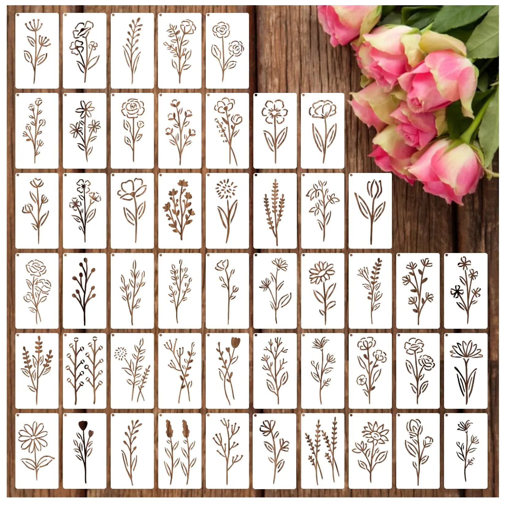 yhslmh Botanical Flower Stencils for Crafts 3.5 x 2 inches | 50 Mini Wildflower Floral Designs for DIY Art Projects