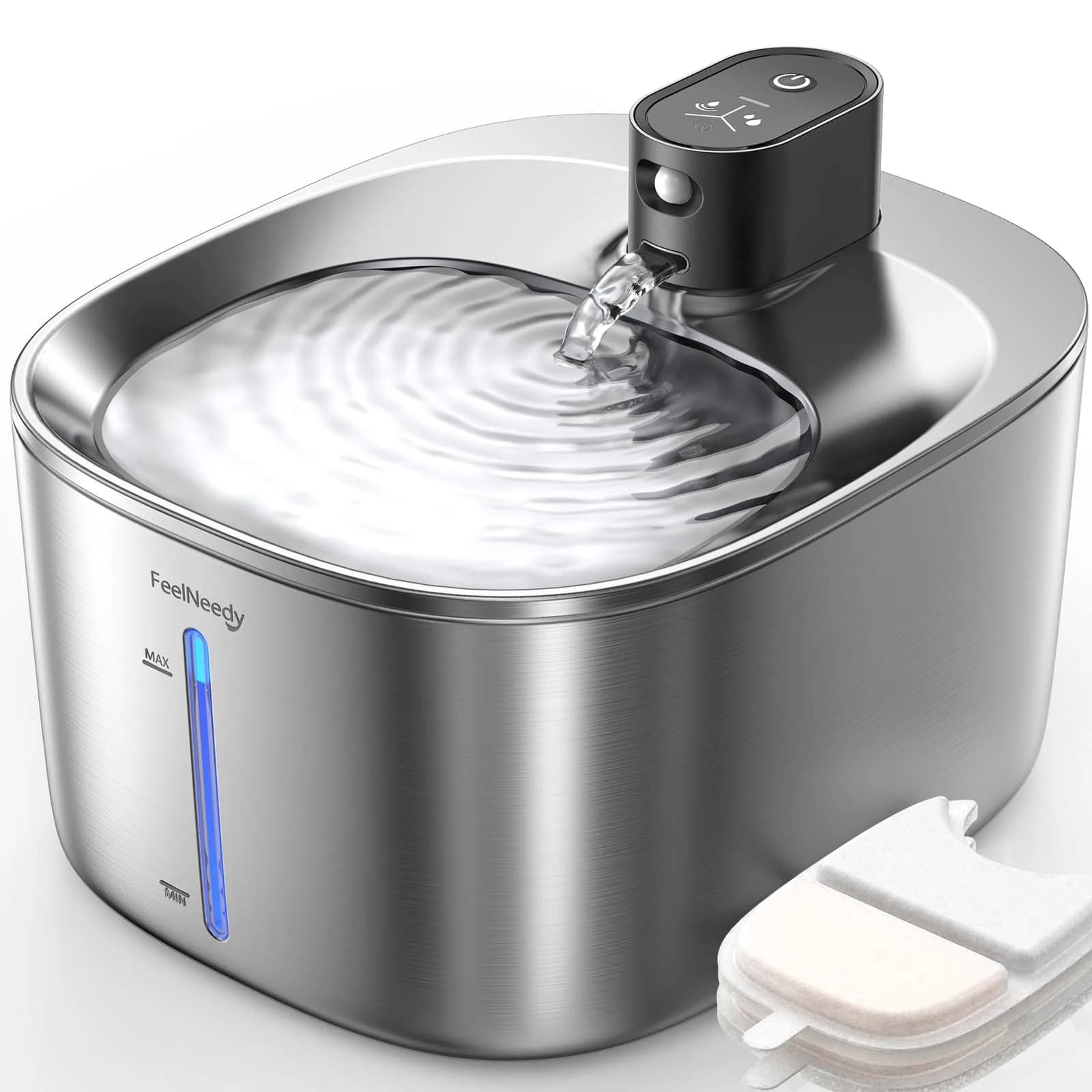 FEELNEEDY Wireless Cat Water Fountain Stainless Steel 4L | Battery Operated, Ultra Quiet, Sensor-Activated — Stainless Steel Fountain(2 Filters)
