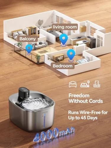 FEELNEEDY Wireless Cat Water Fountain Stainless Steel 4L | Battery Operated, Ultra Quiet, Sensor-Activated thumbnail 2