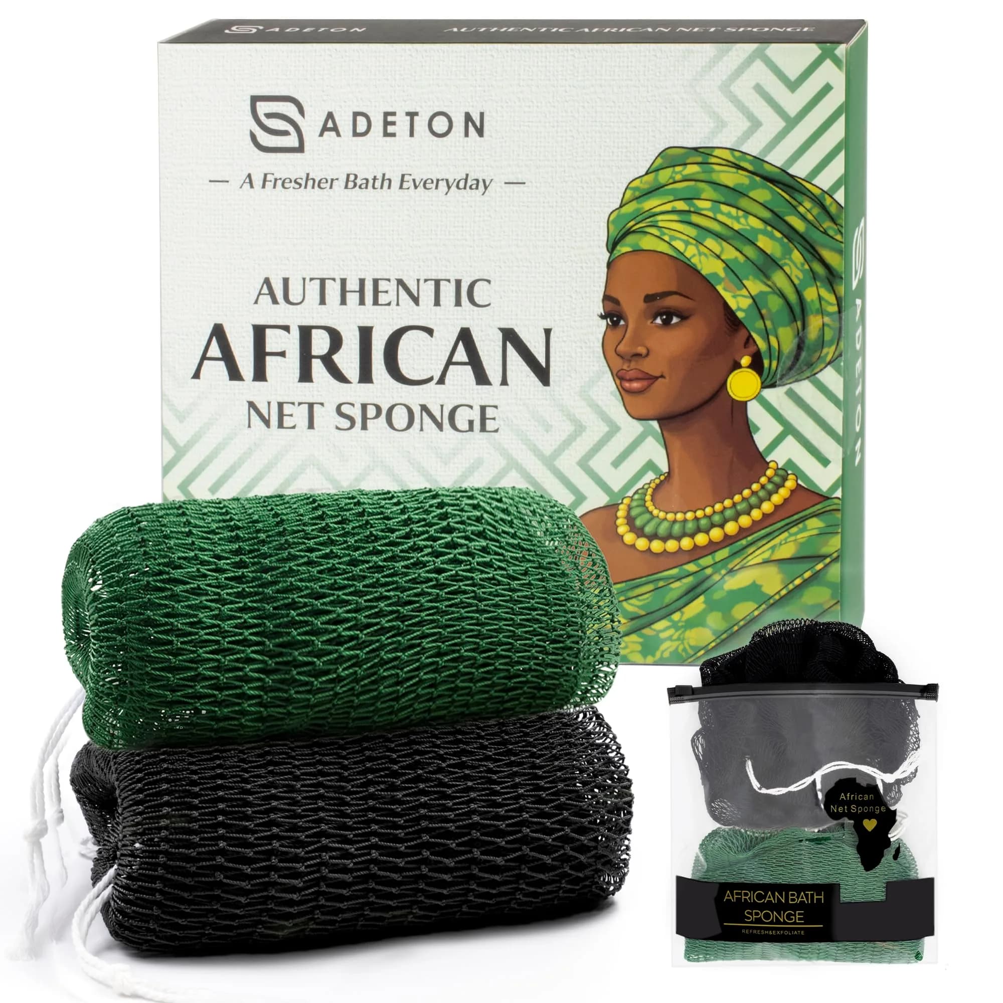 ADETON African Net Sponge with Knots, 2 Pieces Exfoliating Body Scrubber 80cm (31.5 inches) | Authentic Sapo Bath Sponge for Back - main product image