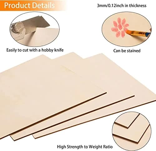 AWIZOM Basswood Sheets 16x16x3mm | Unfinished Craft Wood for Laser Cutting & Painting thumbnail 3