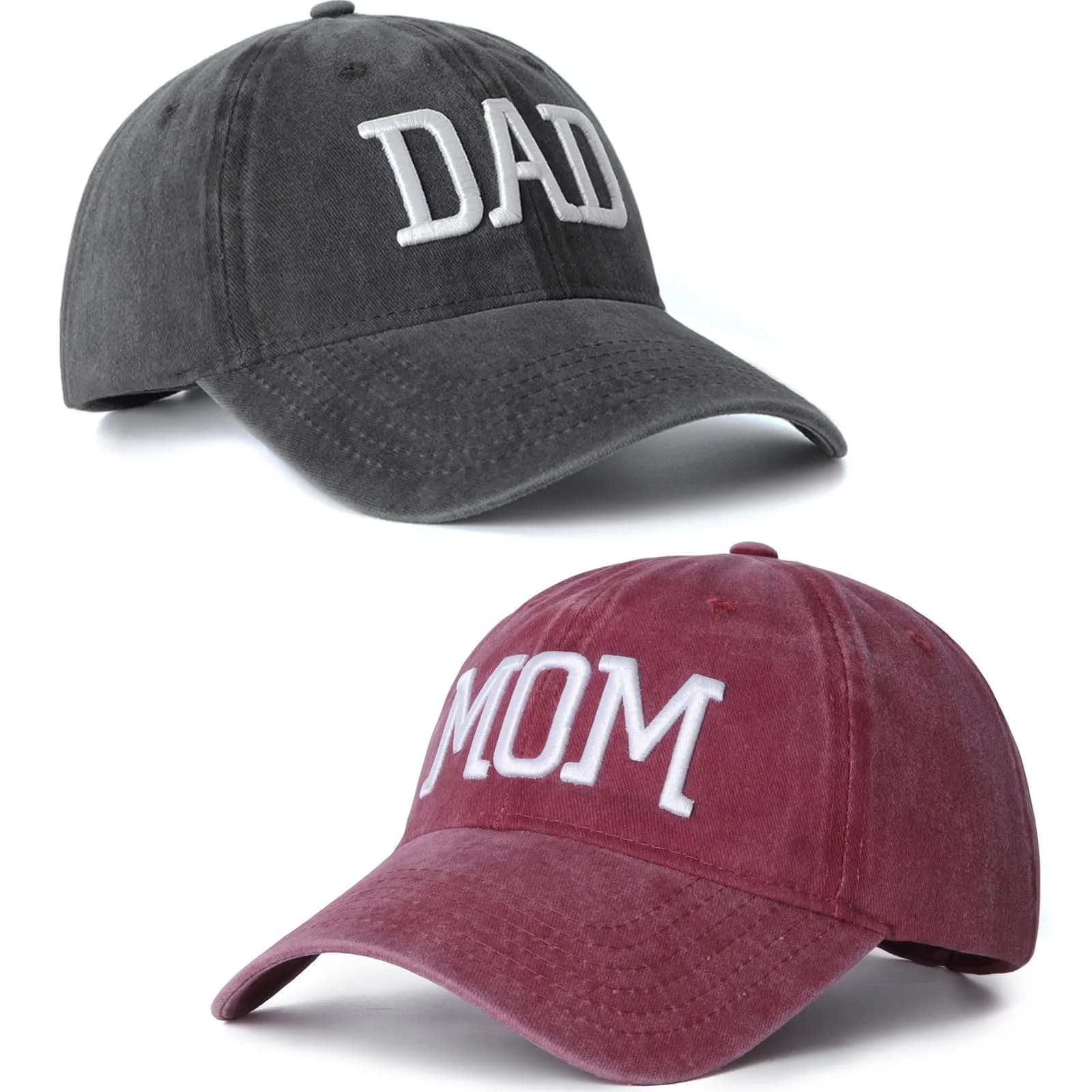 Aeonda Mom Dad Embroidered Baseball Caps Set of 2 Adjustable Cotton Hats | Pigment-Dyed Vintage Style — Black Dad Hat and Red Mom Hat