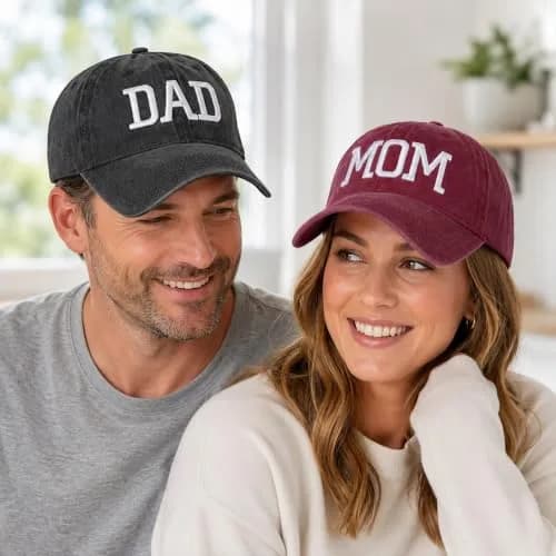 Aeonda Mom and Dad Hats Set of 2 Pcs Adjustable Washed Cotton 3D Embroidered Baseball Caps | Black Red thumbnail 3