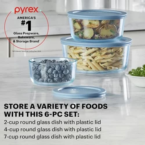 Pyrex Glass Food Storage Containers Set (6-Piece) Small/Medium Round | Stain & Odor Resistant, Microwave & Dishwasher Safe thumbnail 2