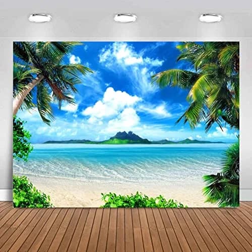 MAQTT Summer Theme Photo Ocean Blue Sky Seaside Tropical Palm Trees Luau Birthday Party Decor Banner 210x150cm (7x5ft) thumbnail 1