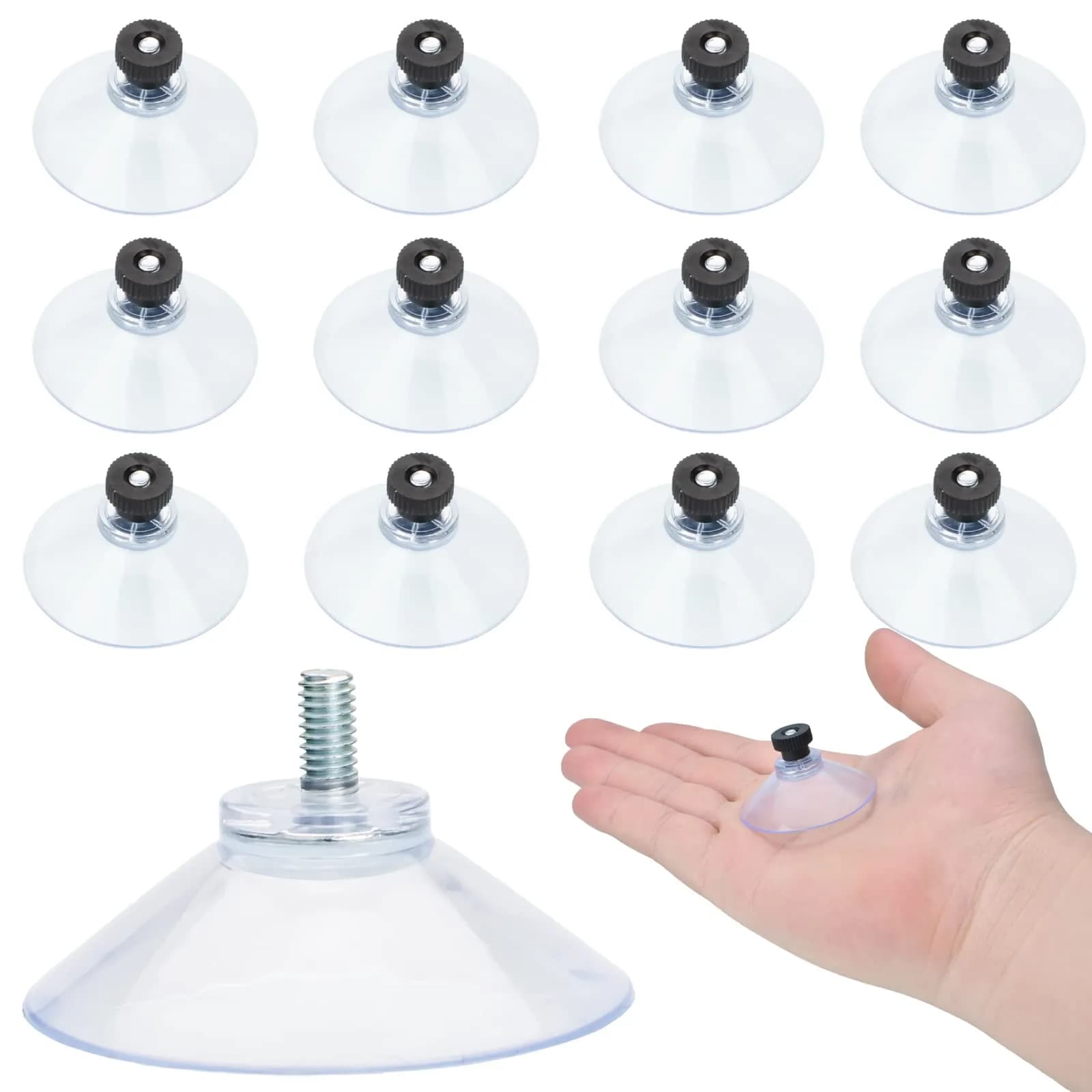 AccEncyc 40mm Clear PVC Suction Cups with Stainless Steel Threads, 12pcs | Heavy Duty Utility Hooks for Smooth Surfaces — 12Pcs Black
