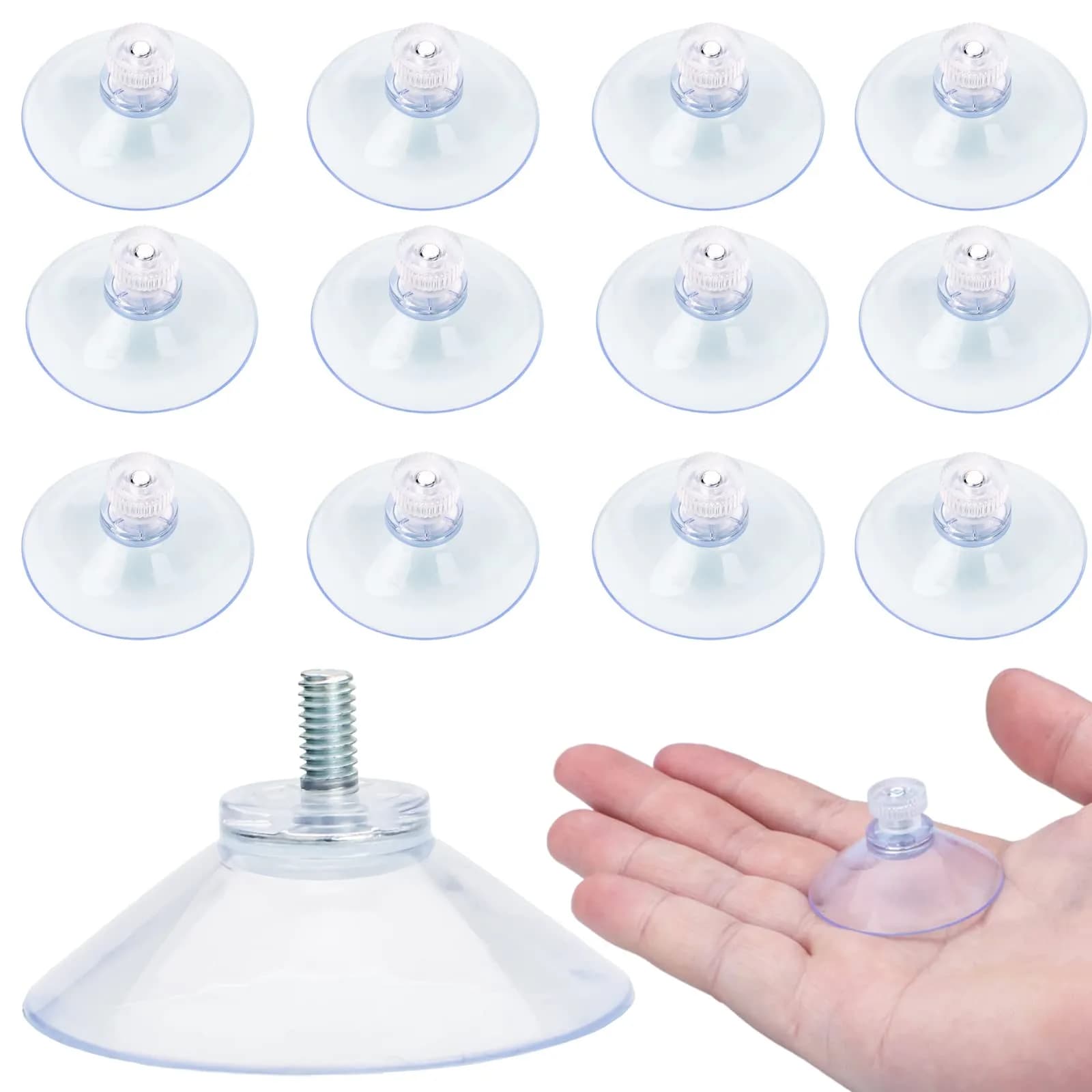 AccEncyc 40mm Clear PVC Suction Cups with Stainless Steel Threads, 12-Piece Pack | Heavy Duty Utility Hooks for Smooth Surfaces - main product image