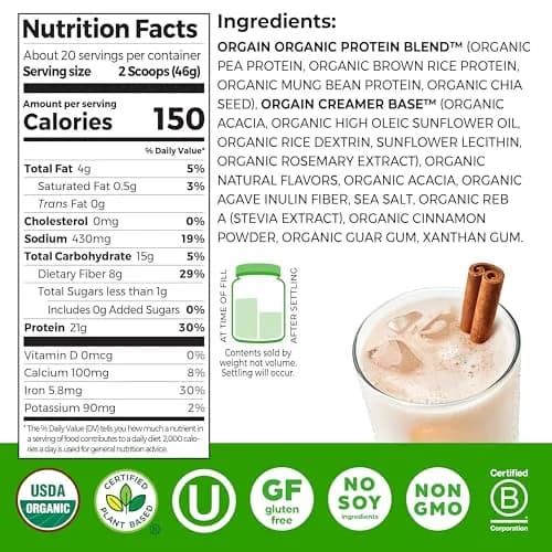 Orgain Organic Vegan Protein Powder Horchata Flavor 2.03 lb (921g) | 21g Protein Per Serving, USDA Organic, Plant-Based thumbnail 2