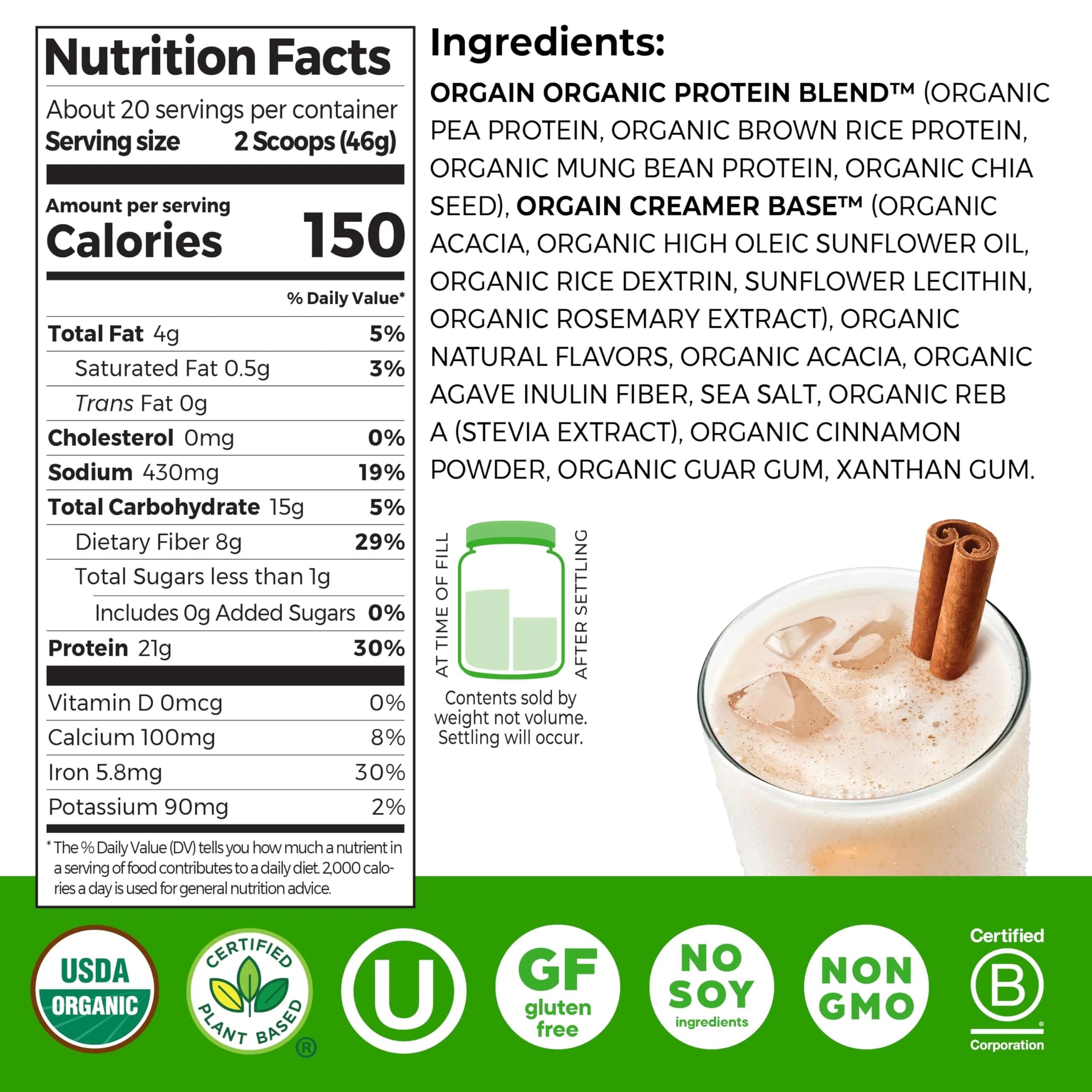 Orgain Organic Vegan Protein Powder Horchata Flavor 2.03 lb (921g) | 21g Protein Per Serving, USDA Organic, Plant-Based - view 2
