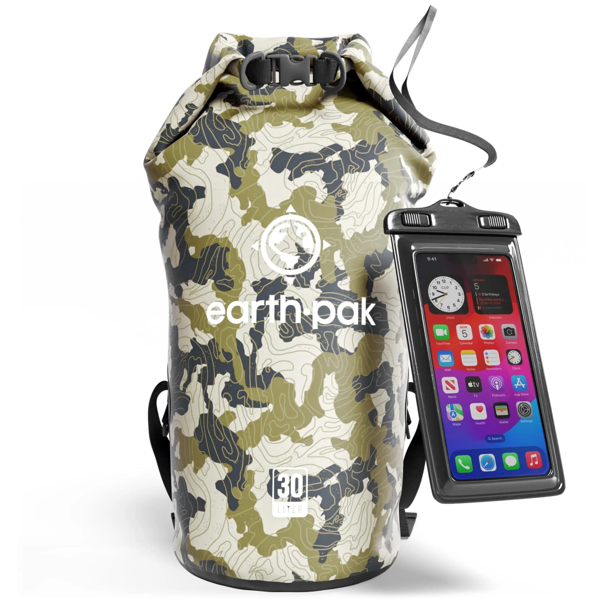 Earth Pak 30L Waterproof Dry Bag Backpack - Camo | Abrasion Resistant 500D PVC for Boating, Kayaking, Beach Days — Camo