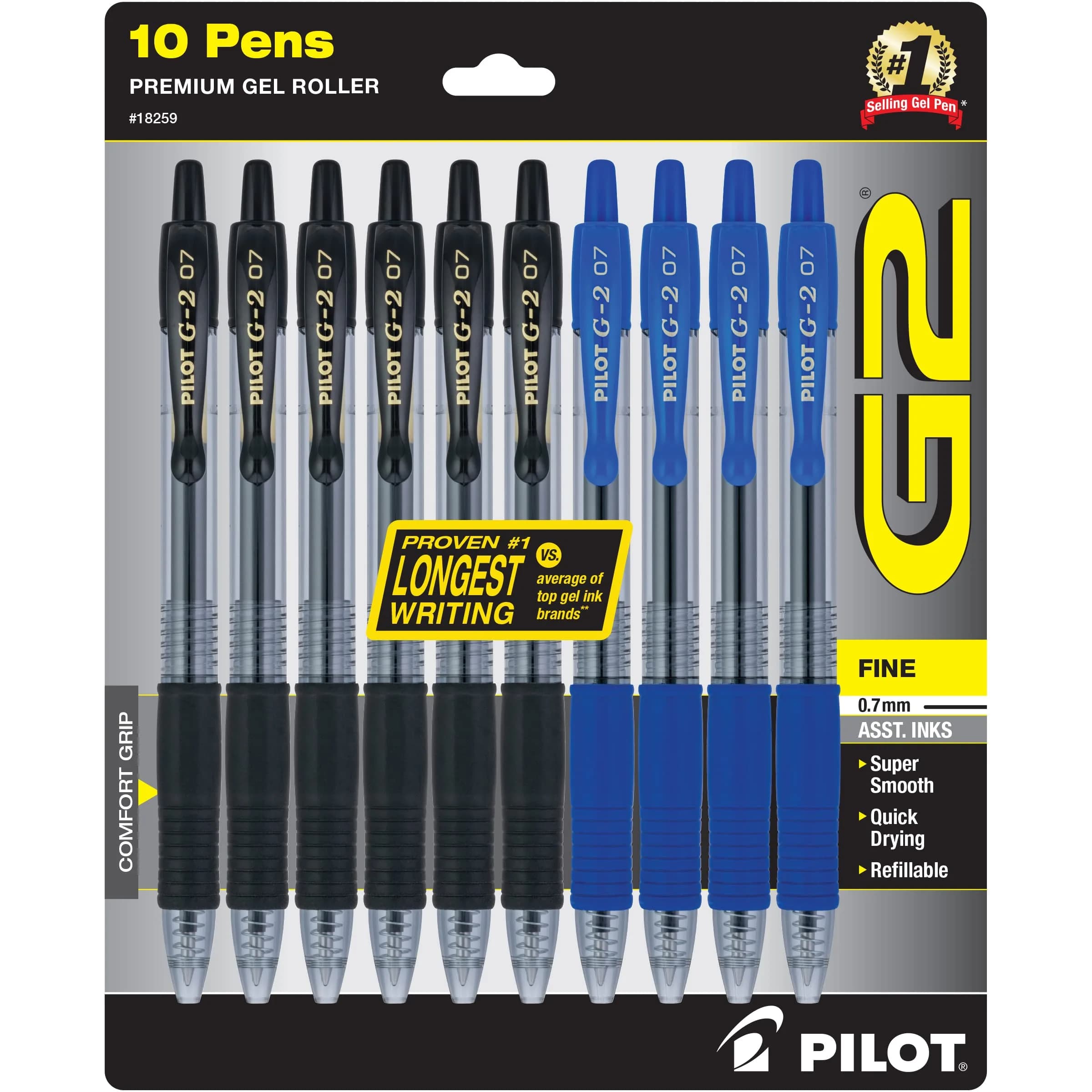 PILOT G2 Rolling Ball Gel Pens 0.7mm - Black & Blue Ink, 10-Pack - main product image
