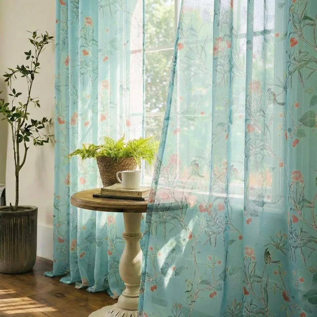 XTMYI Turquoise Aqua Blue Coastal Sheer Curtains 168cm x 213cm (52"W x 84"L) | Botanical Floral Printed Grandmillennial Home Decor Summer Window Panel — Blue