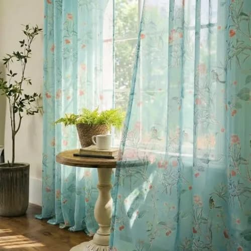 XTMYI Turquoise Aqua Blue Coastal Sheer Curtains 168cm x 213cm (52"W x 84"L) | Botanical Floral Printed Grandmillennial Home Decor Summer Window Panel thumbnail 1