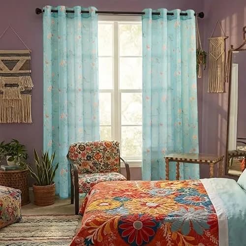 XTMYI Turquoise Aqua Blue Coastal Sheer Curtains 168cm x 213cm (52"W x 84"L) | Botanical Floral Printed Grandmillennial Home Decor Summer Window Panel thumbnail 2