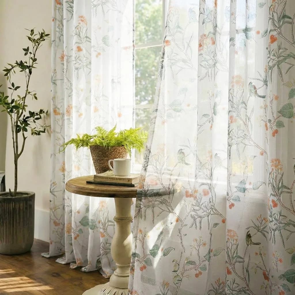 XTMYI Turquoise Aqua Blue Coastal Sheer Curtains 168cm x 213cm (52"W x 84"L) | Botanical Floral Printed Grandmillennial Home Decor Summer Window Panel — White / 52"W x 84"L