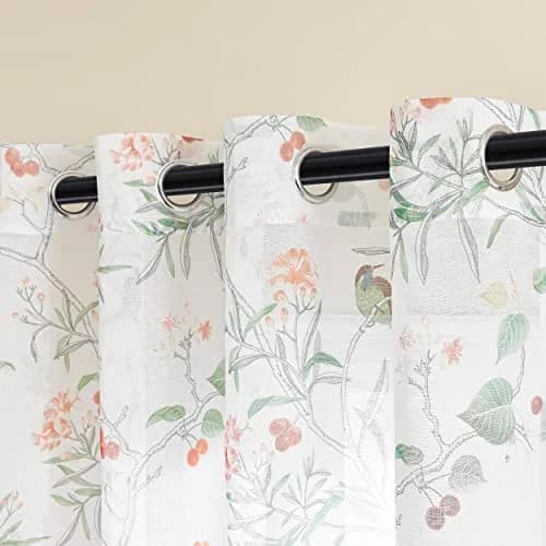 XTMYI White Sheer Floral Curtains 84 Inches Long (213 cm) | Vintage Floral Bird Cottage Core Design, 2 Panels thumbnail 7