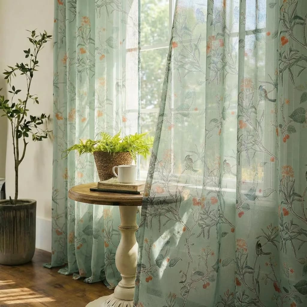 XTMYI Sage Green Floral Curtains 213 cm (84 Inches) Long | French Country Bird Botanical Pattern Voile Panels Set — Sage Green
