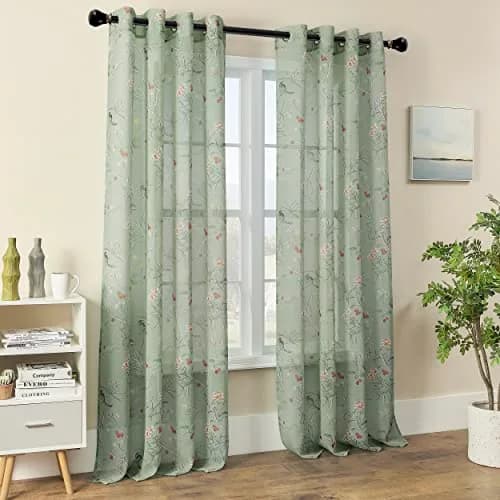 XTMYI Sage Green Floral Curtains 213 cm (84 Inches) Long | French Country Bird Botanical Pattern Voile Panels Set thumbnail 9