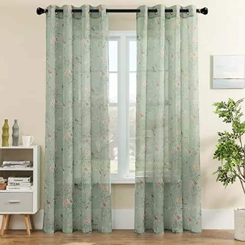 XTMYI Sage Green Floral Curtains 213 cm (84 Inches) Long | French Country Bird Botanical Pattern Voile Panels Set thumbnail 3